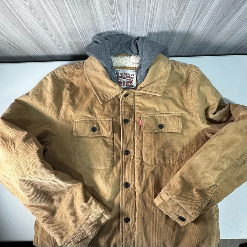 Levi's Corduroy Sherpa Lined Trucker Jacket Tan Sweat Shirt‎ Hood Sz Medium Mens